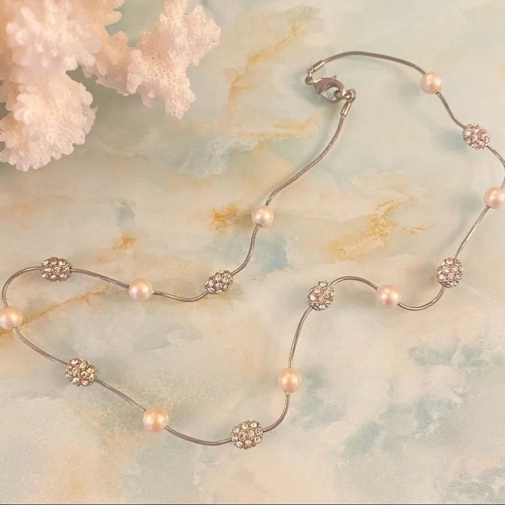Faux Pearl and Pavé Rhinestone Station Necklace Choker